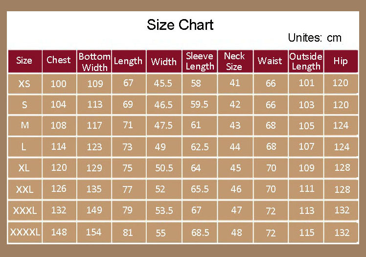 Tai Chi Clothing Size Chart